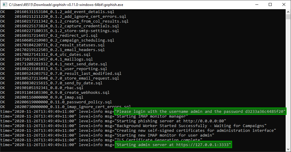 Command prompt output from GoPhish on an initial launch