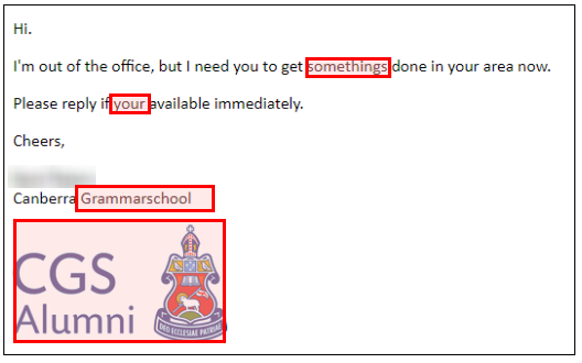 A spearphishing email, pretending to be a School Director, but including spelling errors as well as signature and image inconsistencies