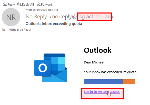 An example phishing email with problematic elements highlighted